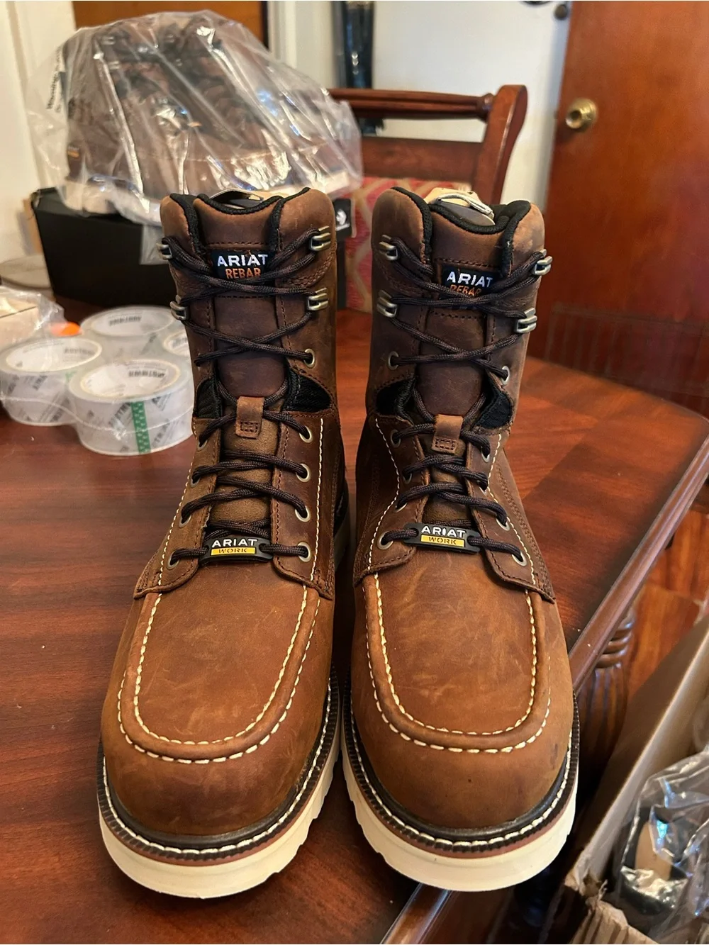 Men’s Ariat Brown Leather Moc Toe Work Boots, Electrical Hazard, size 9 wide